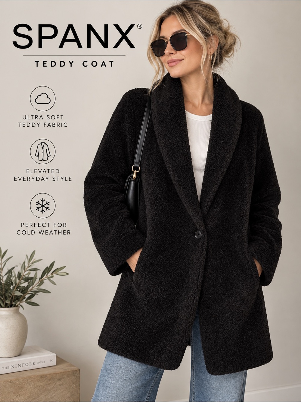 SPANX Black Teddy Coat - Ultra Soft Women's Coat Size Medium Cozy Fall Winter